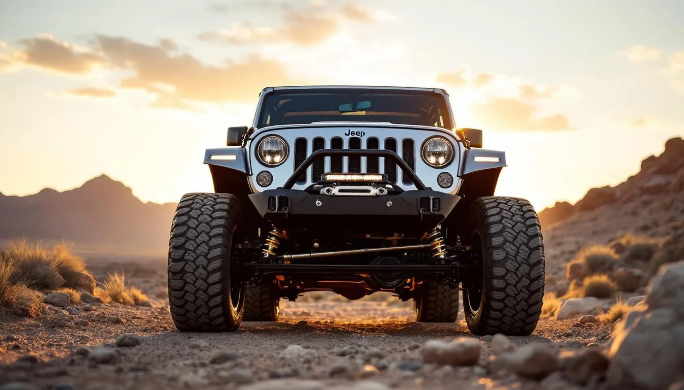 Silver Jeep Wrangler JK with 2.5-inch lift kit installed on rocky desert terrain