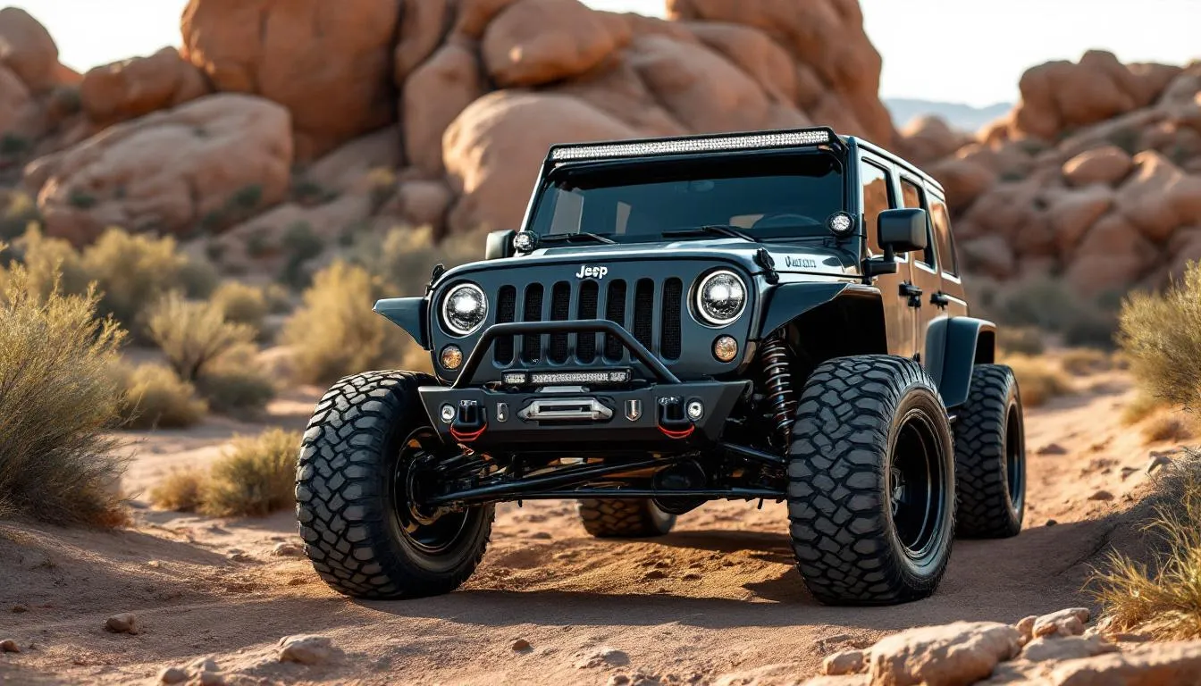 Jeep Wrangler JK with 35 inch tires and lift kit on rocky trail