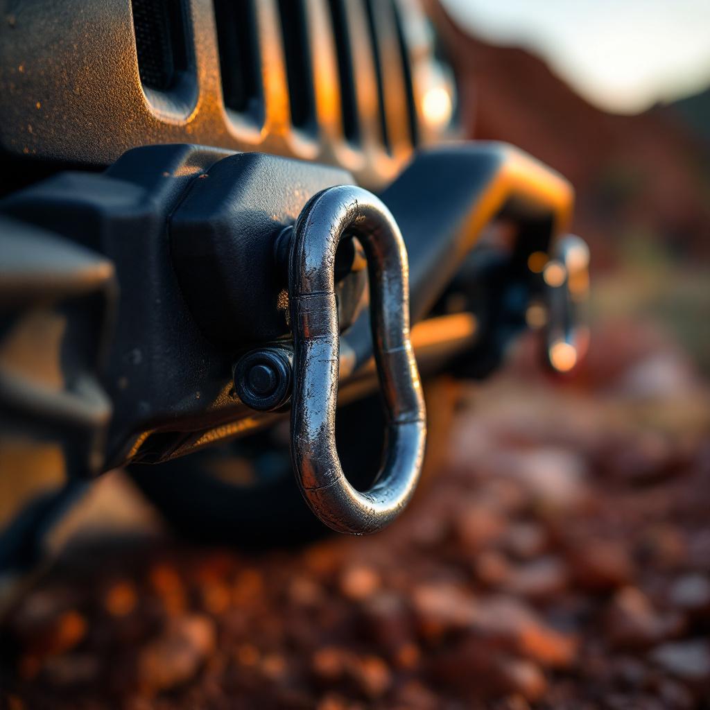 Heavy-duty D-ring shackles mounted on Jeep Wrangler JK recovery point on rocky trail