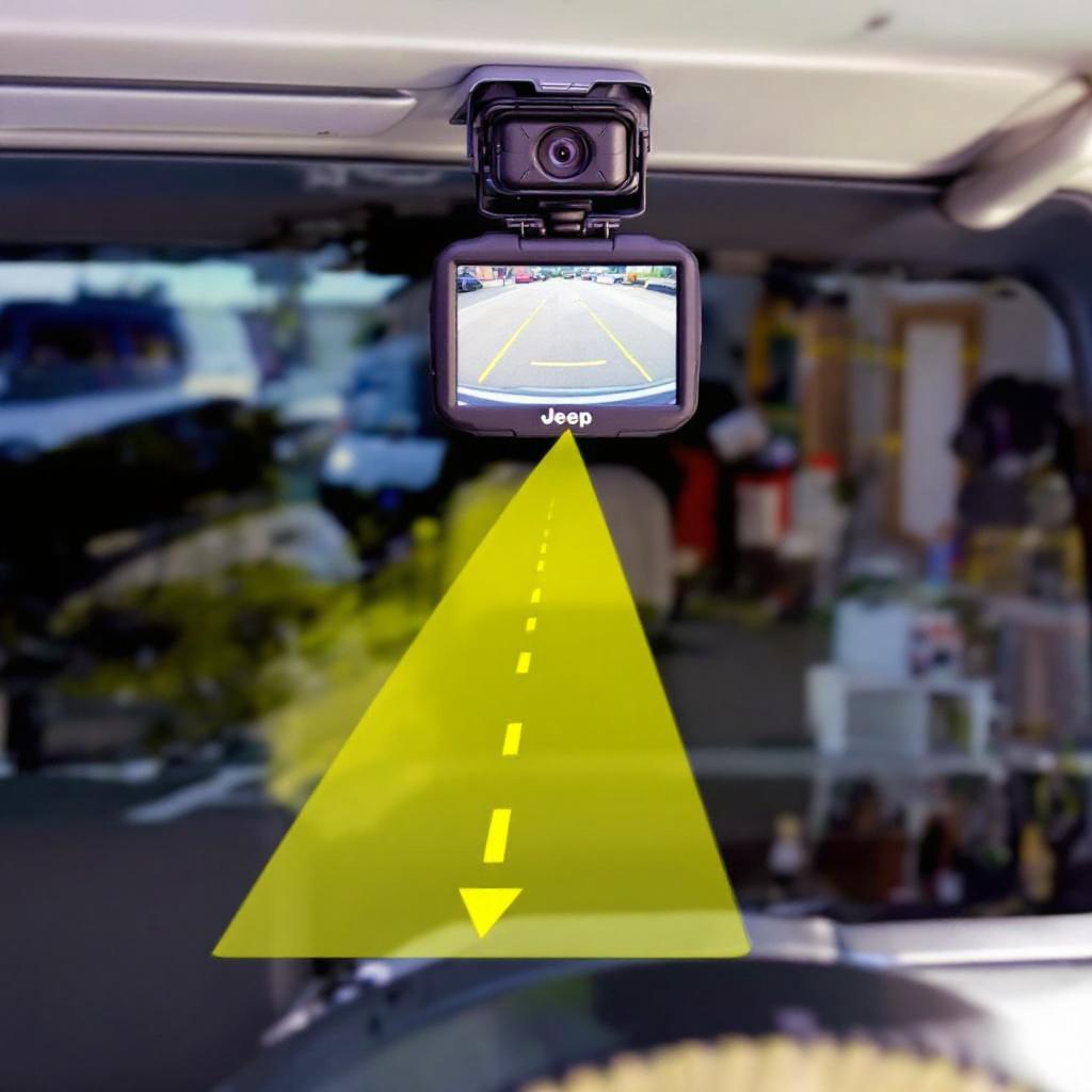 Backup camera mounted on Jeep Wrangler JK spare tire with monitor showing parking view