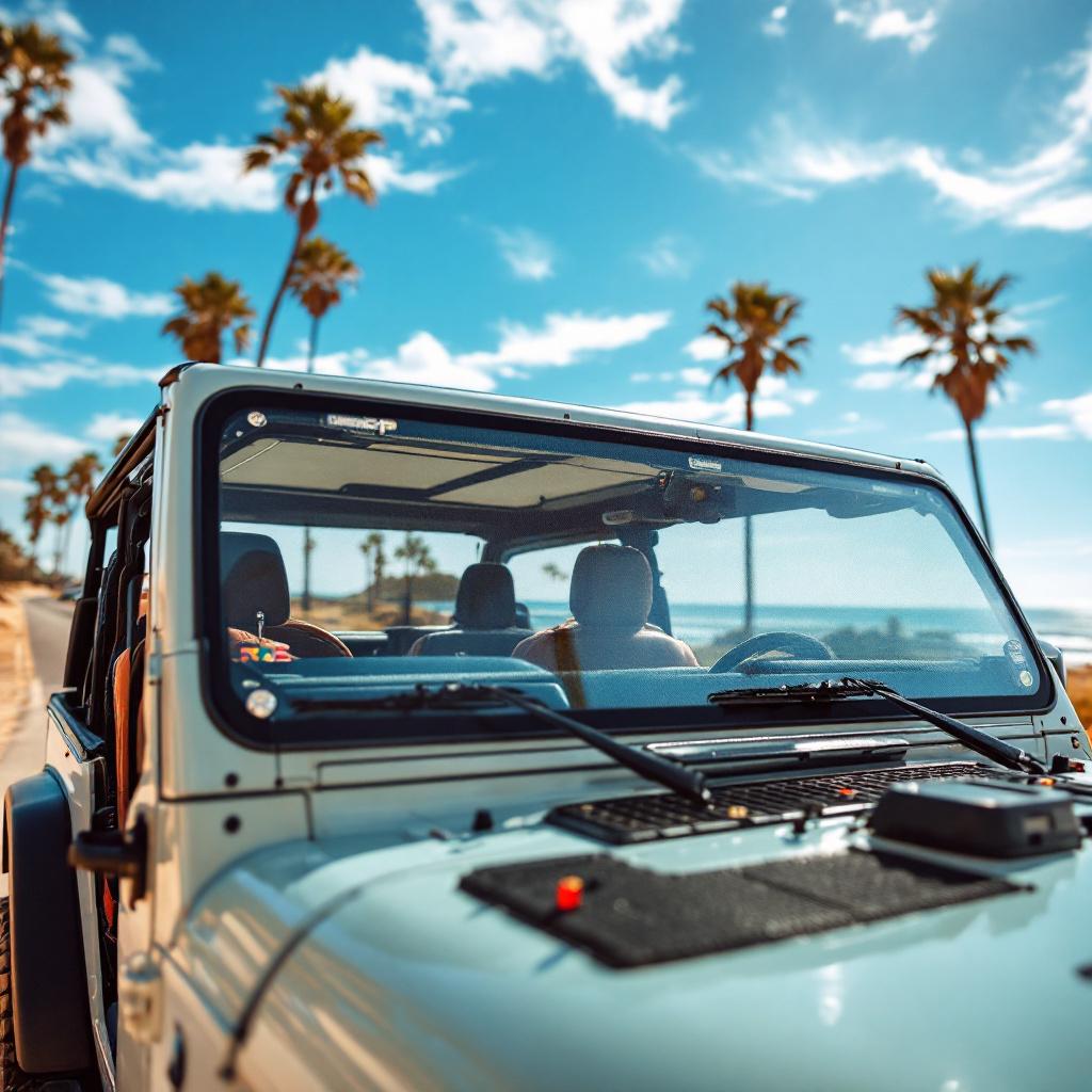 Jeep Wrangler JK with mesh bikini sun shade top on coastal road in summer
