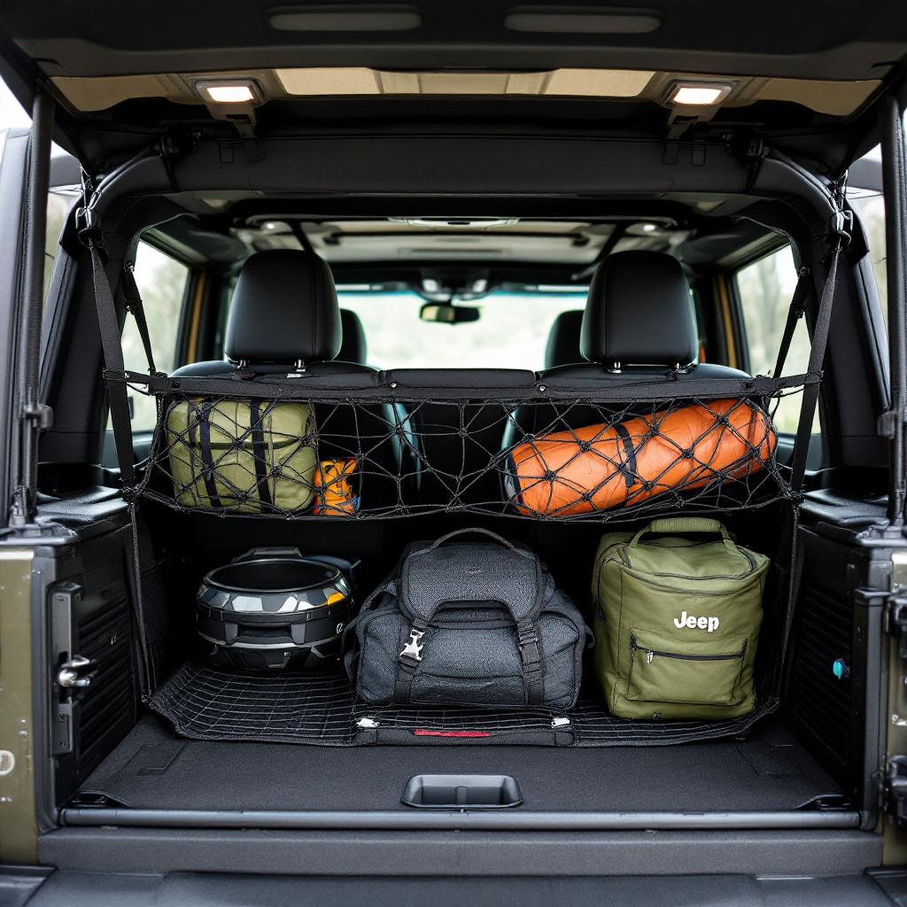 Cargo net system organizing gear in Jeep Wrangler JK rear cargo area