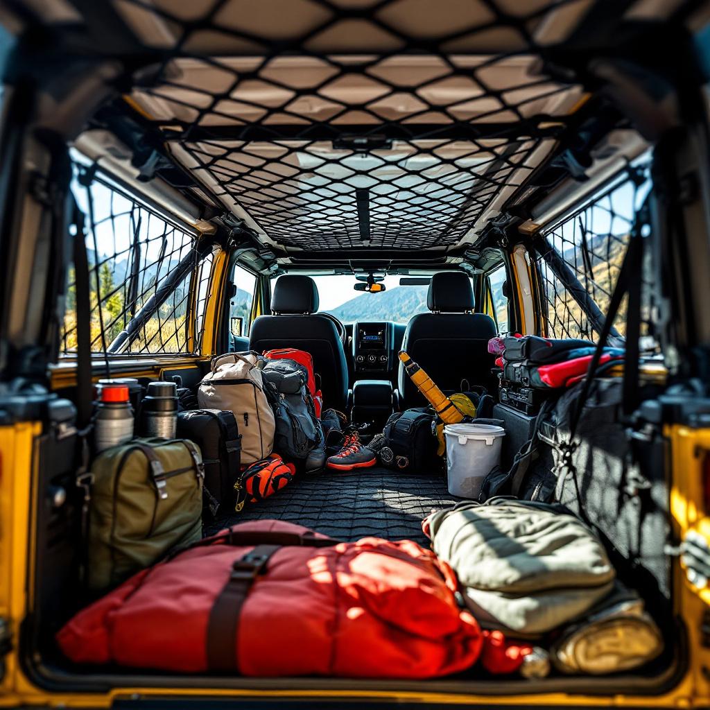Multiple cargo net storage solutions installed in Jeep Wrangler JK interior with trail gear