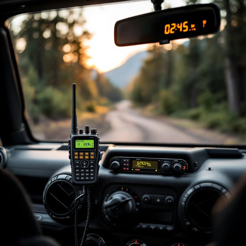 CB radio handset mounted in Jeep Wrangler JK interior with antenna visible through windshield