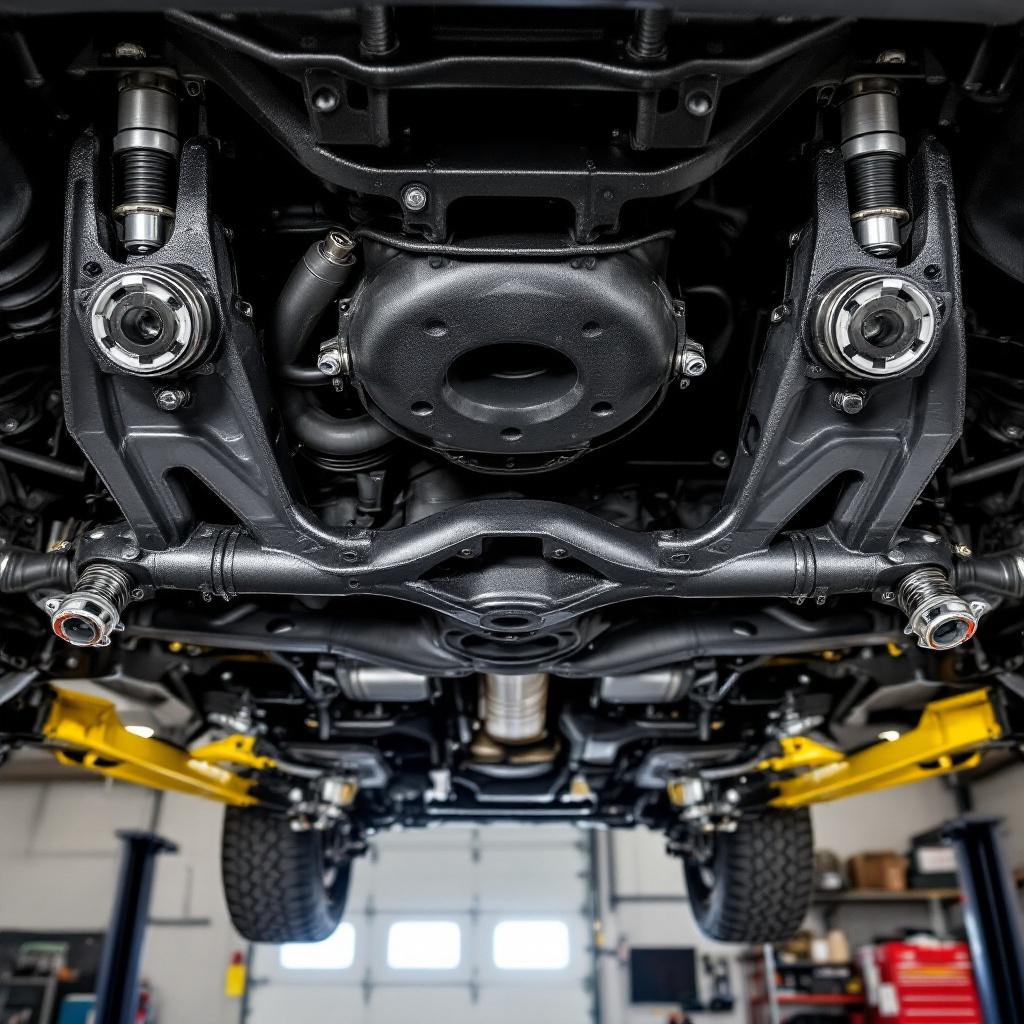 Adjustable control arms installed on lifted Jeep Wrangler JK front axle showing heim joints