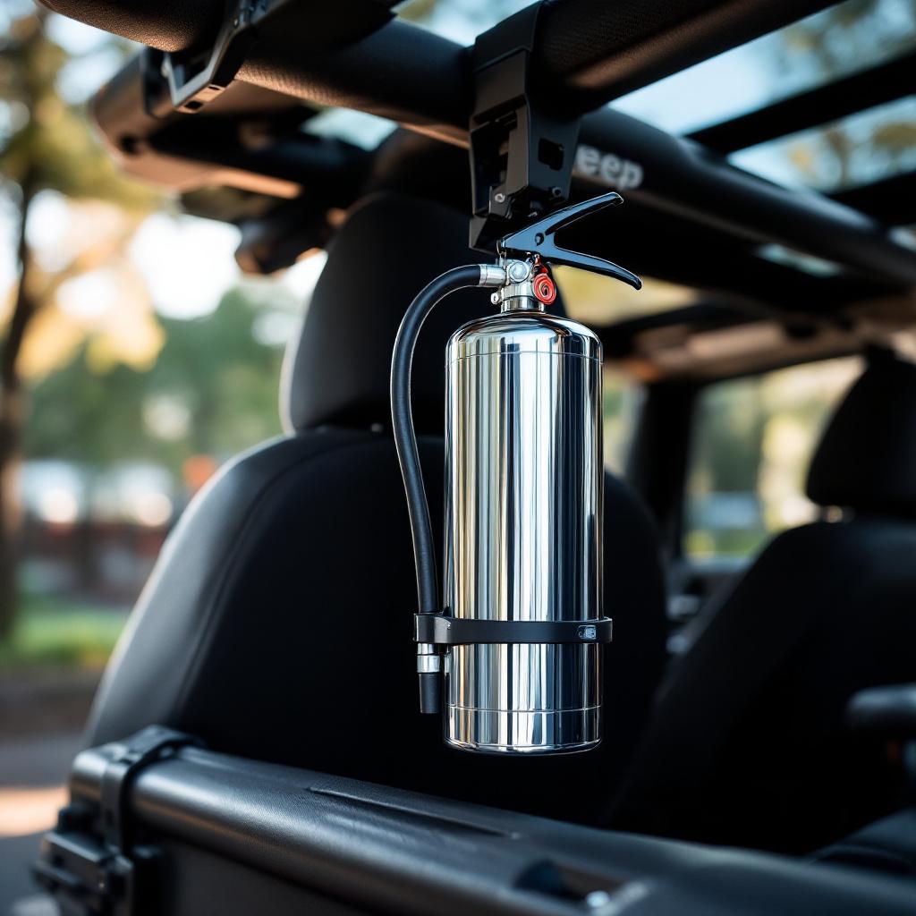 Fire extinguisher mounted on Jeep Wrangler JK roll bar with quick-release bracket