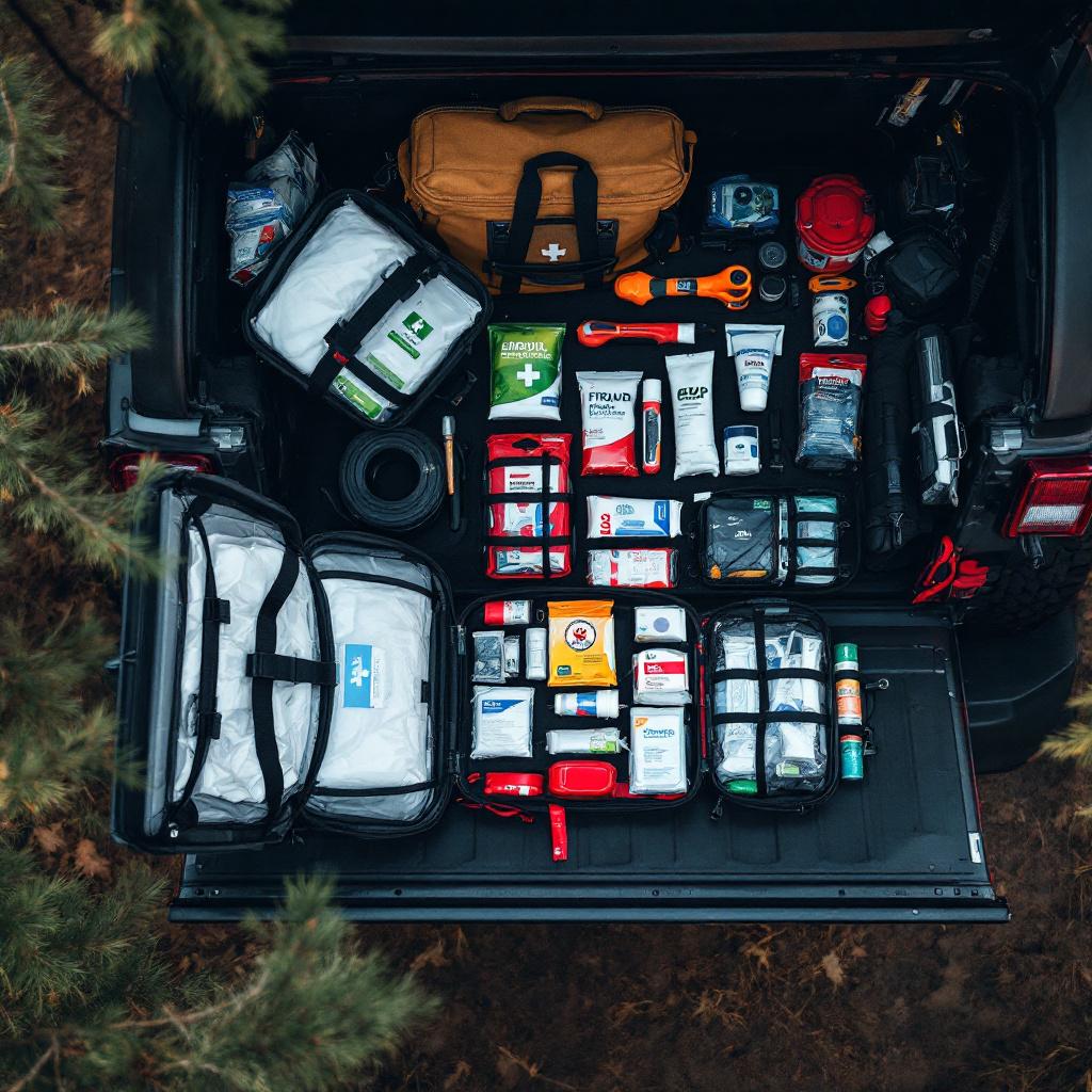 Off-road first aid kit with organized medical supplies on Jeep Wrangler JK tailgate