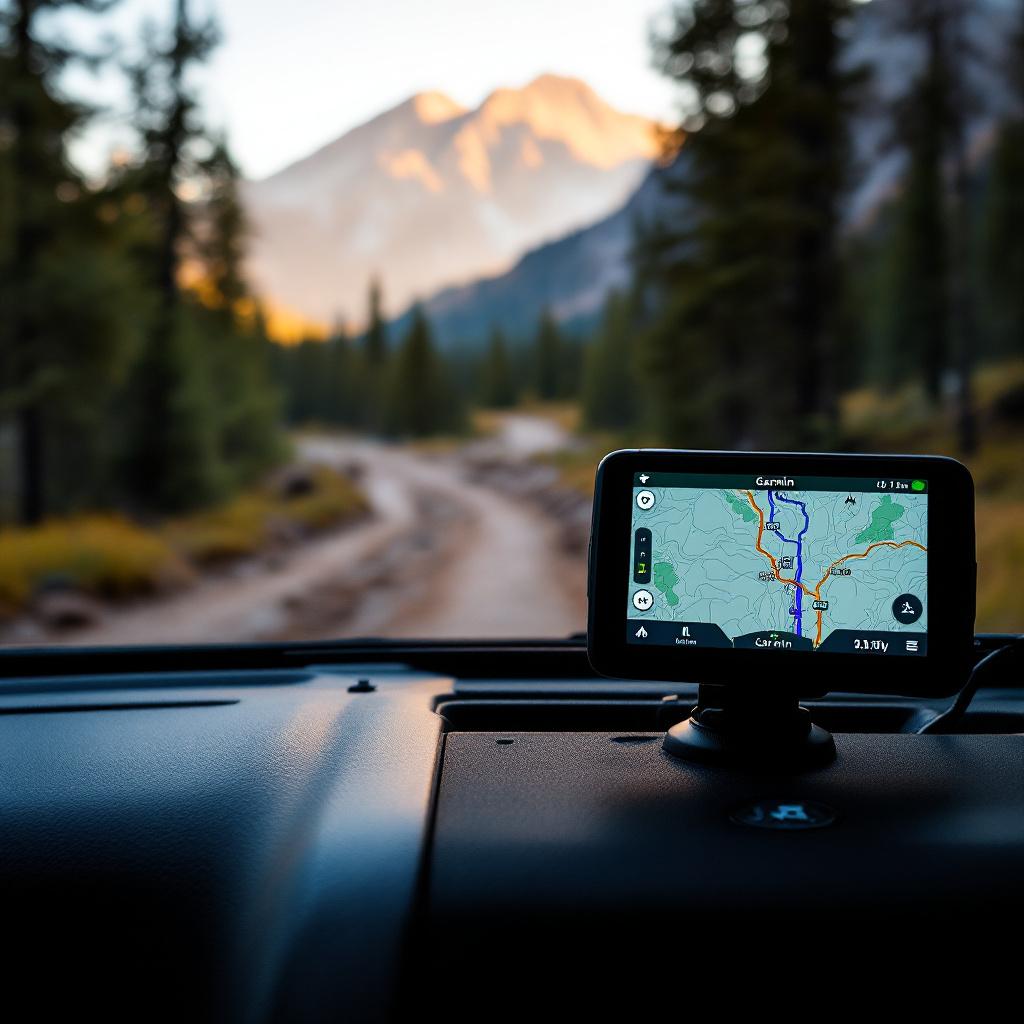 GPS navigation unit mounted on Jeep Wrangler JK dashboard showing off-road trail map