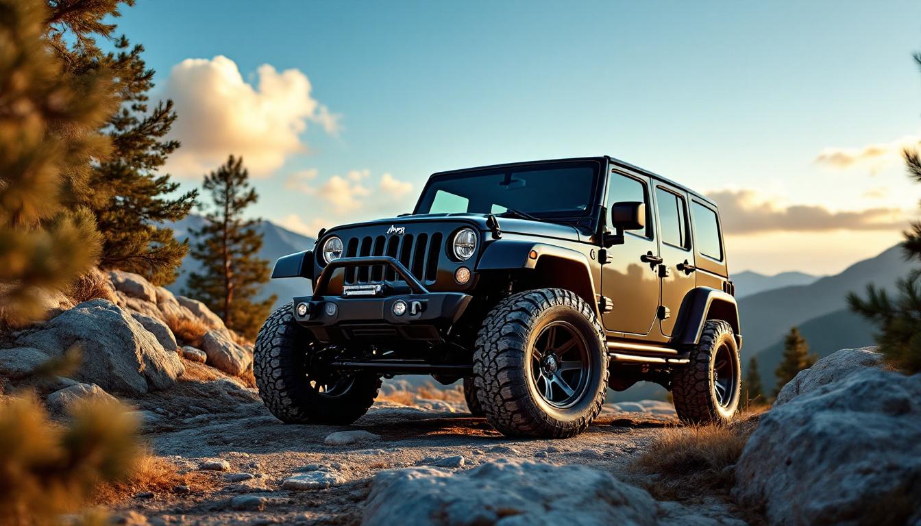 Jeep Wrangler JK with aftermarket hardtop parked on rocky trail at sunset, showing premium finish and integrated design