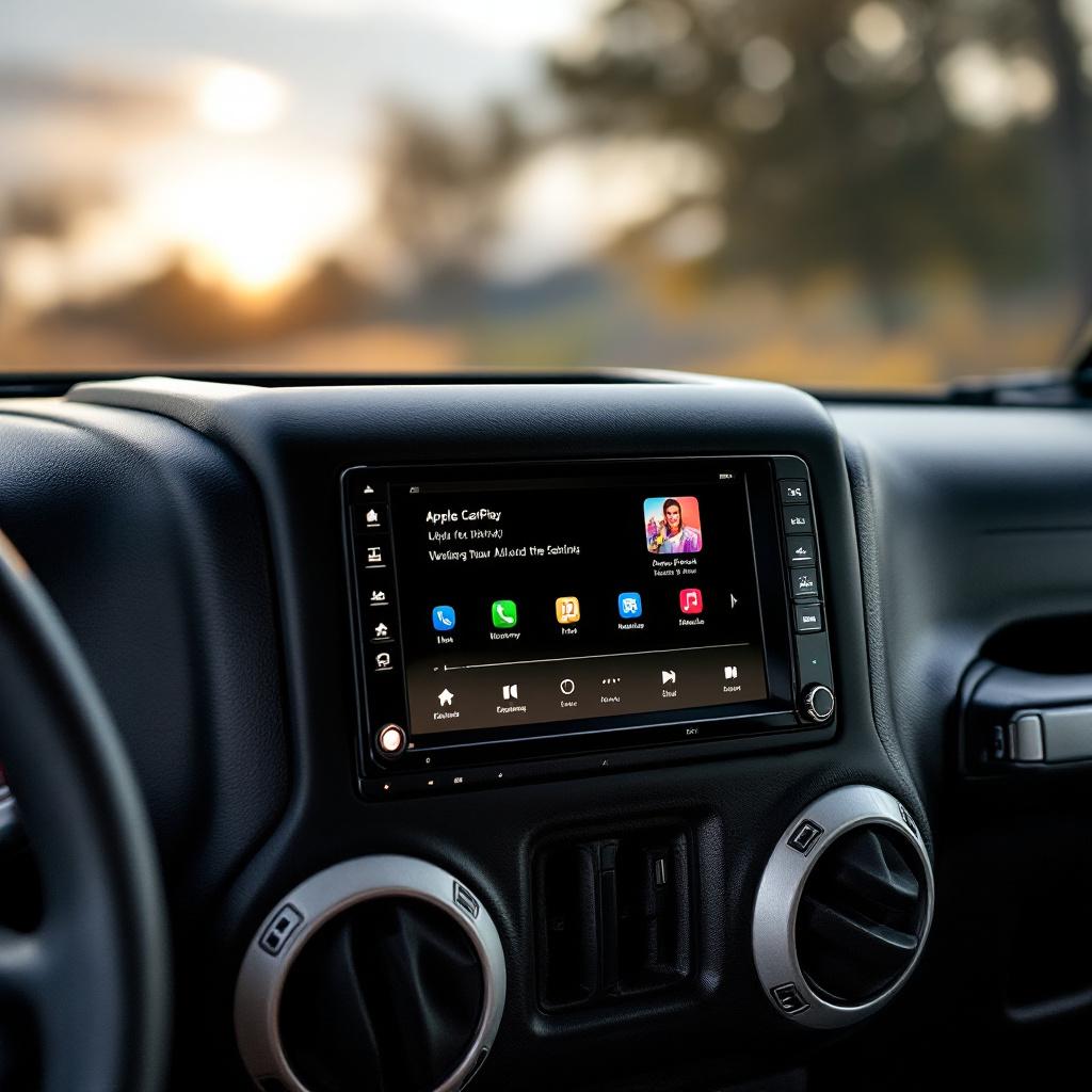 Modern touchscreen head unit with CarPlay installed in Jeep Wrangler JK dashboard