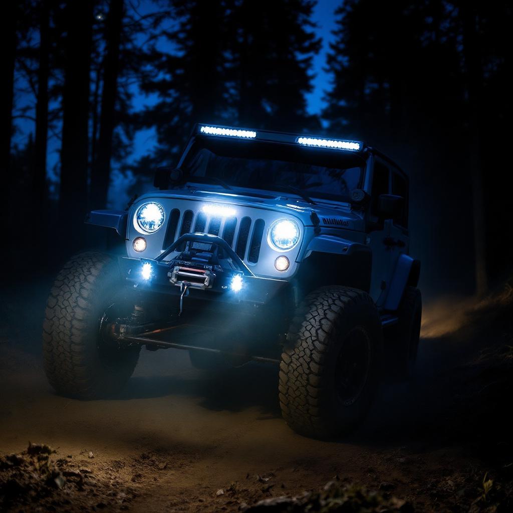 Jeep Wrangler JK with LED pod lights on A-pillars illuminating dark forest trail at night