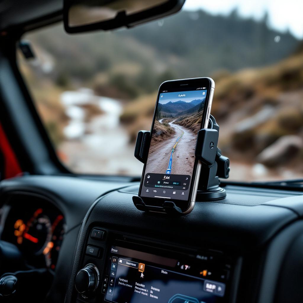 RAM phone mount with smartphone GPS navigation on Jeep Wrangler JK dashboard on trail
