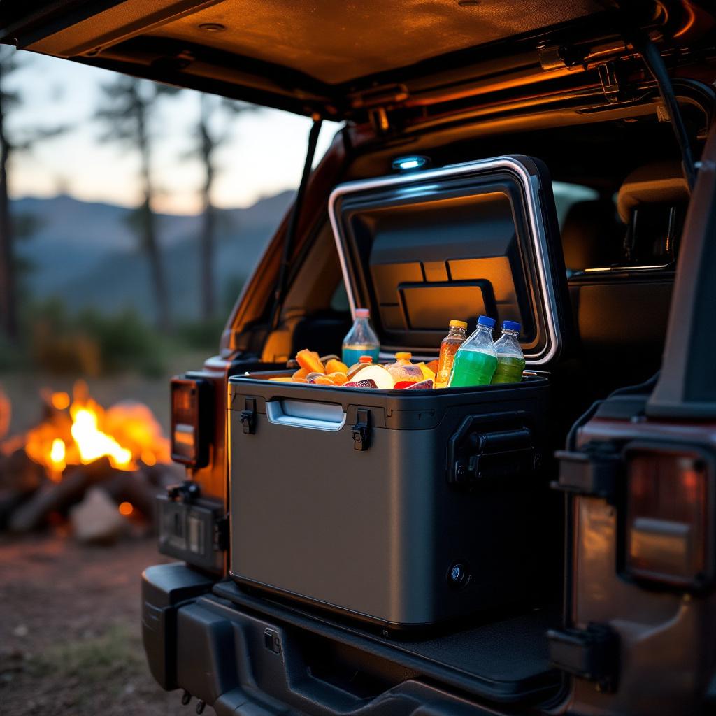 Portable 12V fridge with cold drinks in Jeep Wrangler JK cargo area at campsite
