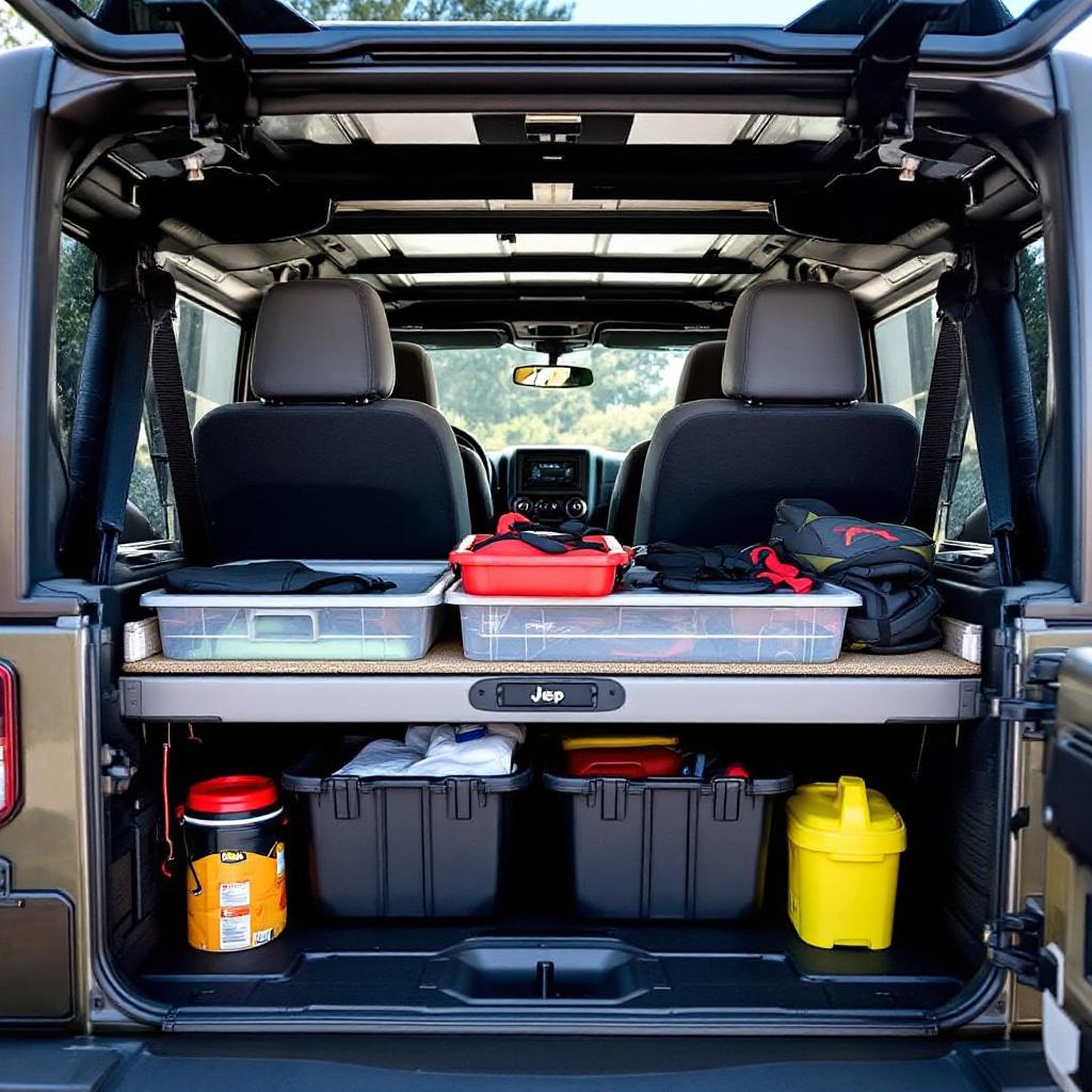 Jeep Wrangler JK 2-door with rear seat delete cargo platform loaded with gear and storage