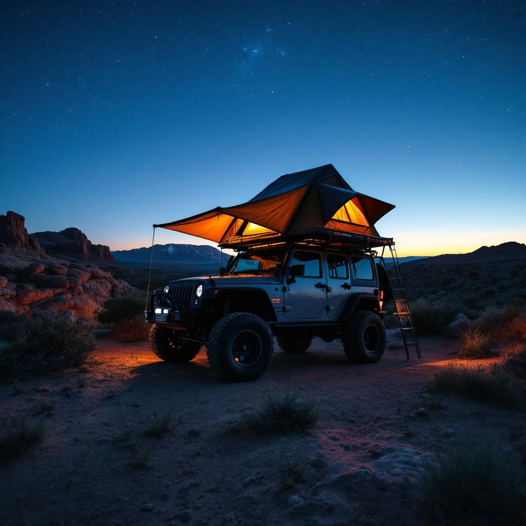 Jeep Wrangler JK with deployed rooftop tent at scenic overlook during blue hour dusk