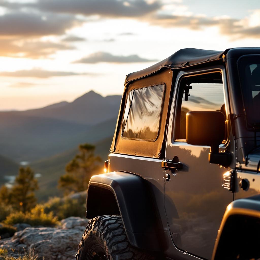 Jeep Wrangler JK with premium soft top partially folded at scenic mountain overlook