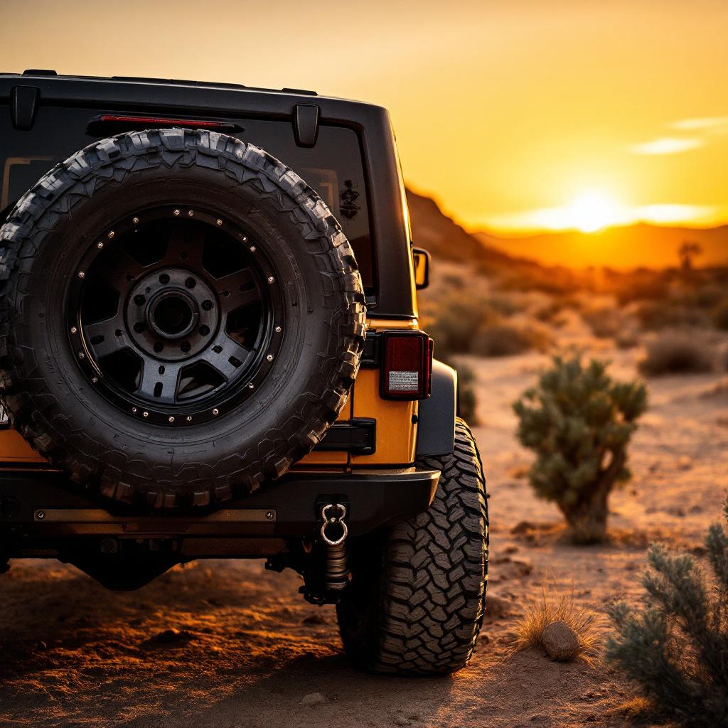 Jeep Wrangler JK with heavy-duty swing-out spare tire carrier holding 35-inch tire on desert trail