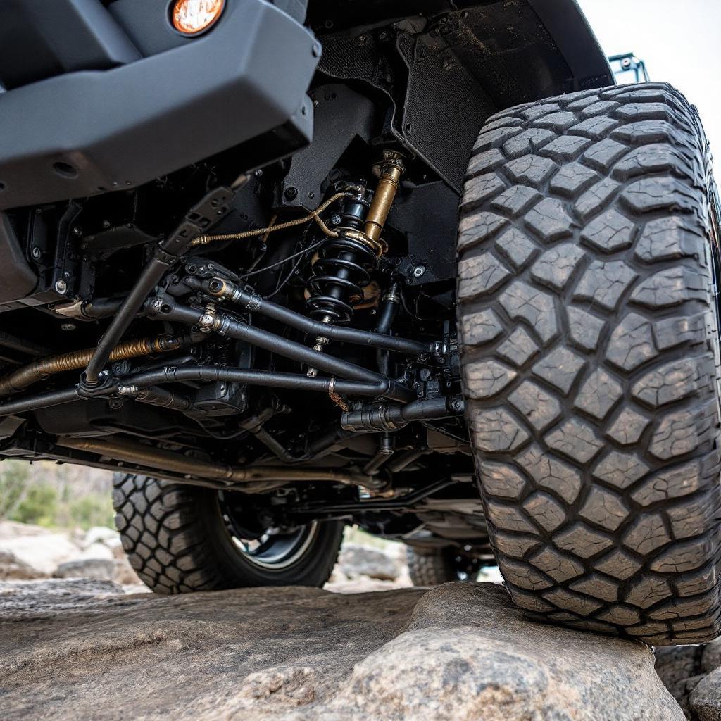 Quick-disconnect sway bar on Jeep Wrangler JK showing full articulation on trail obstacle