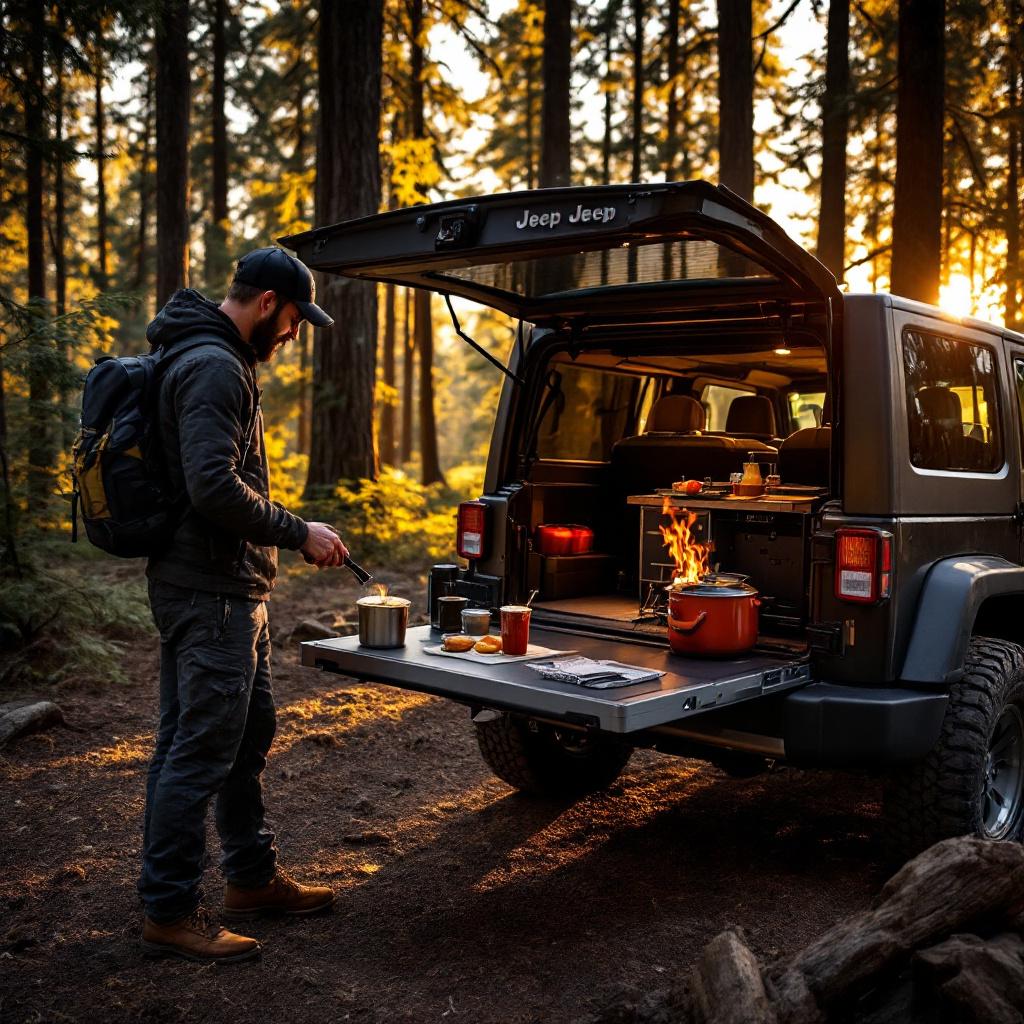 Fold-out tailgate table on Jeep Wrangler JK used as camp kitchen at forest campsite