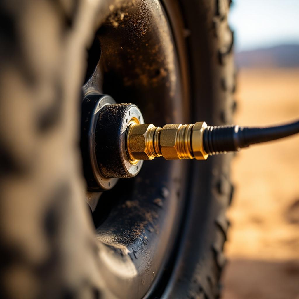 Automatic tire deflators being installed on Jeep Wrangler JK tire valve for off-road airing down