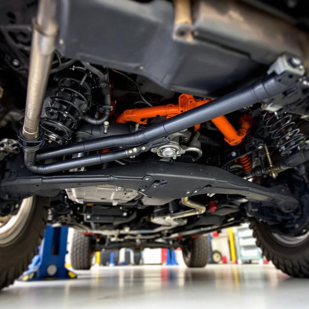 Adjustable forged track bar installed on Jeep Wrangler JK front axle in garage