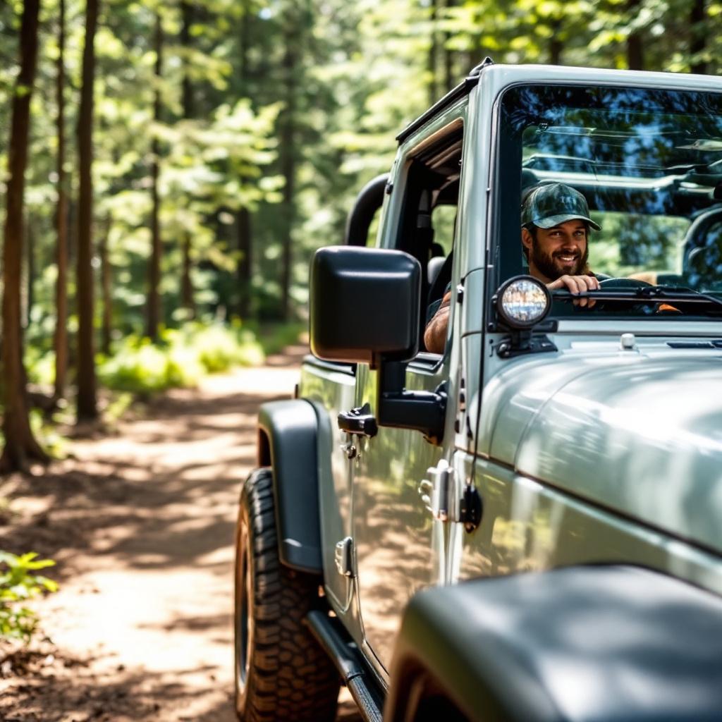 Doorless Jeep Wrangler JK with trail mirrors on A-pillars driving forest trail in summer