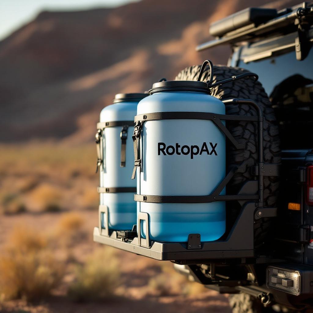 RotopaX water storage containers mounted on Jeep Wrangler JK for overlanding expedition