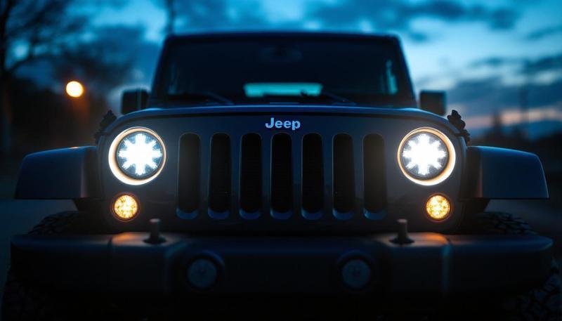 JK Wrangler with LED headlights at night