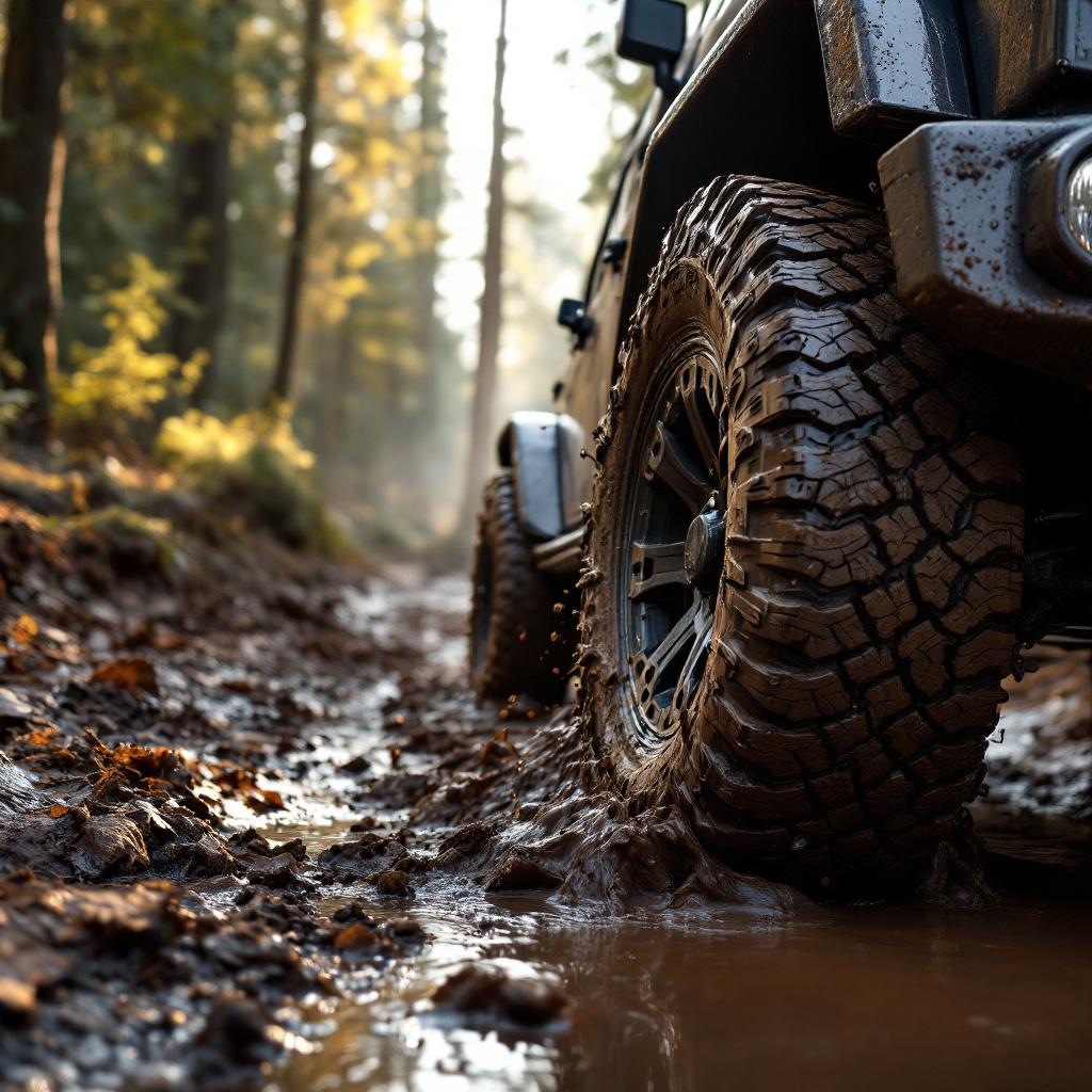 Jeep Wrangler JK with aggressive mud terrain tires crawling through deep mud on a wooded trail