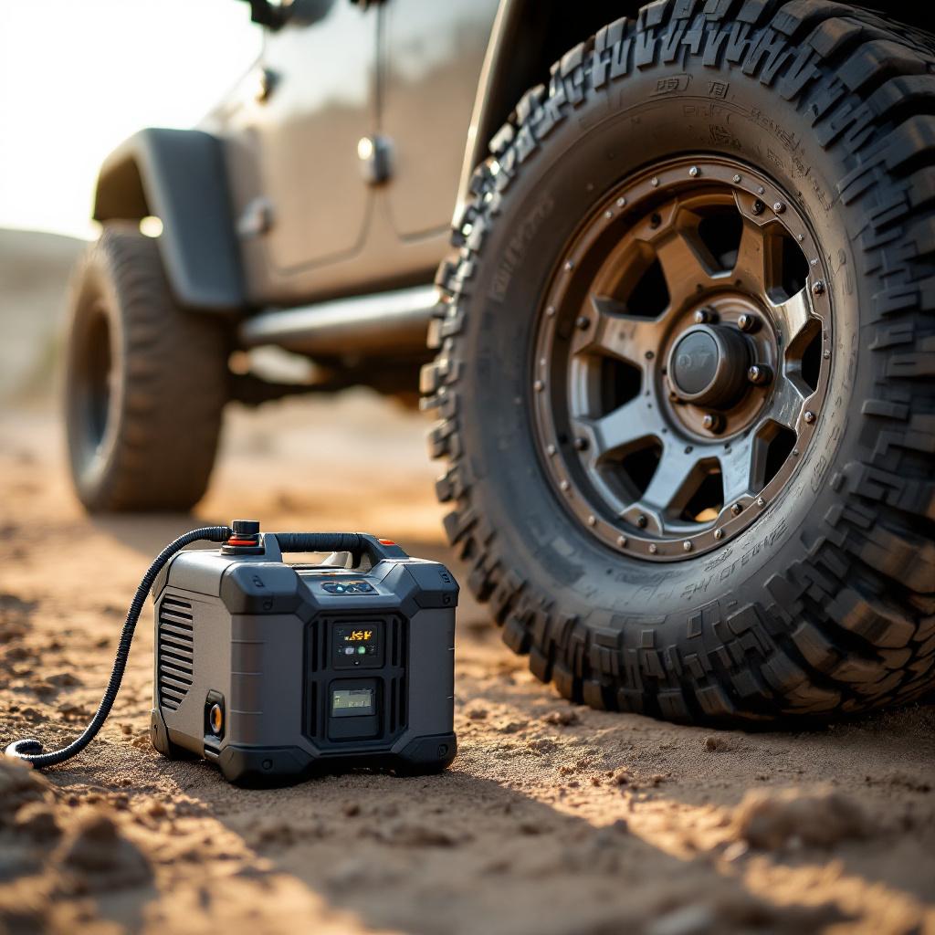 Portable 12V air compressor inflating off-road tire on Jeep Wrangler JK at trailhead