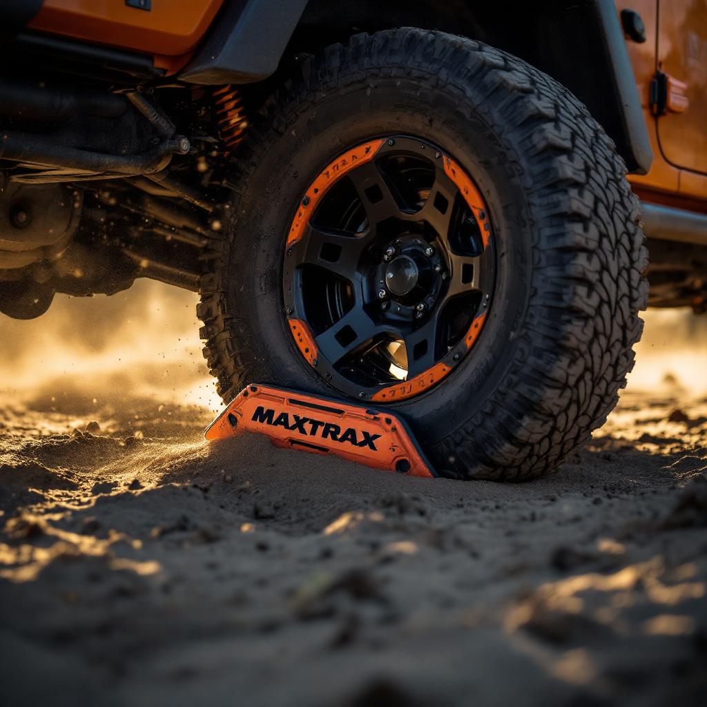 Recovery traction boards in use under Jeep Wrangler JK tires on sandy desert terrain