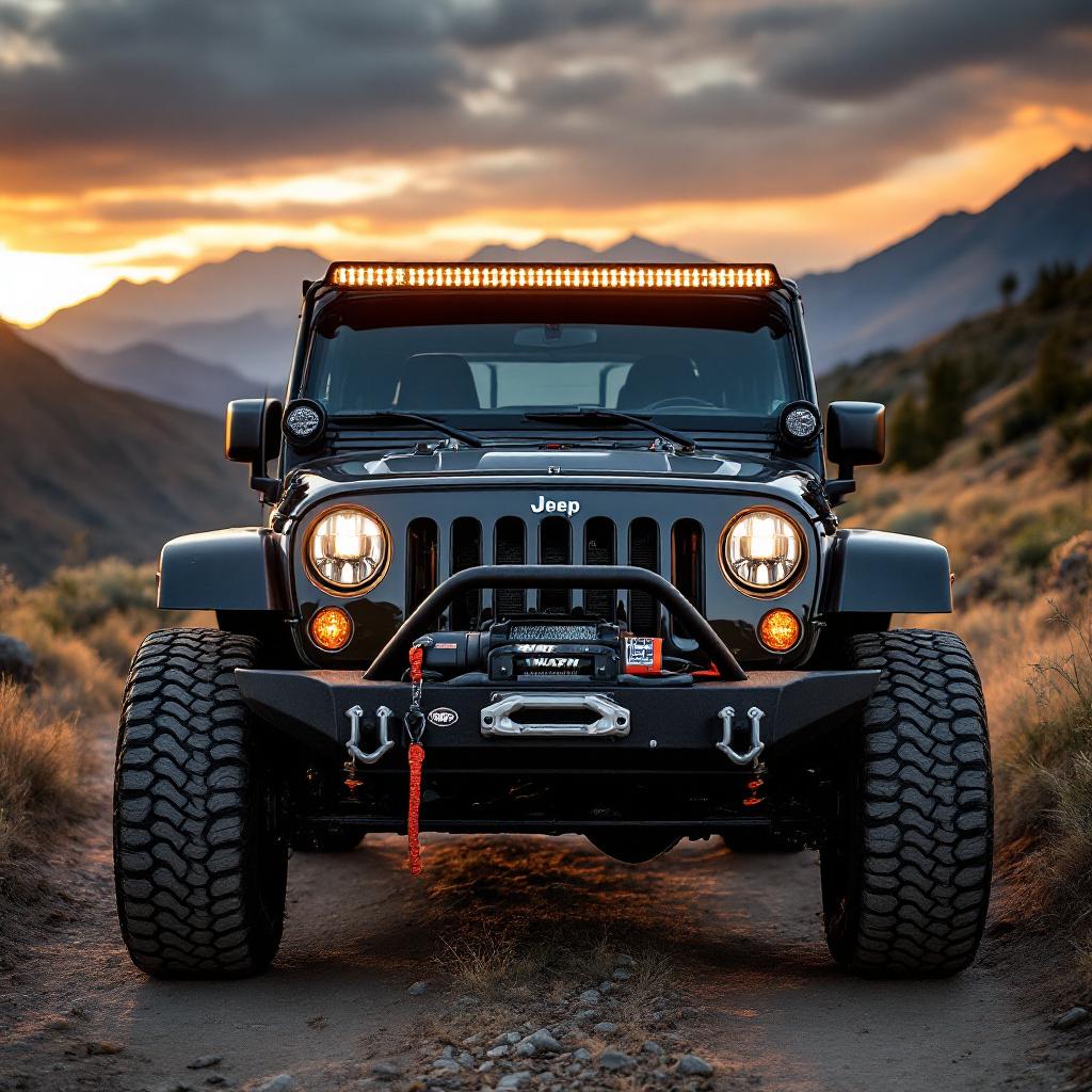 Jeep Wrangler JK with Warn winch on steel bumper at mountain trail during golden hour