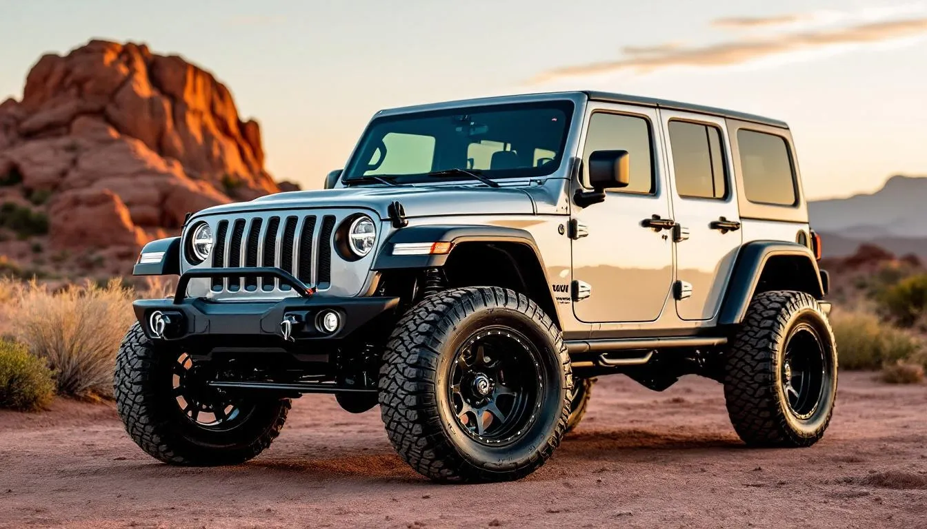 Budget lift kit installed on silver Jeep JK with 33-inch tires showing increased ground clearance