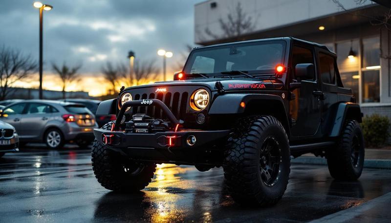 Mechanic inspecting underneath a Jeep Wrangler JK