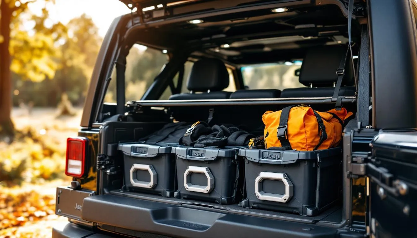 Best cargo organizer for Jeep JK with modular storage bins and velcro straps in rear cargo area