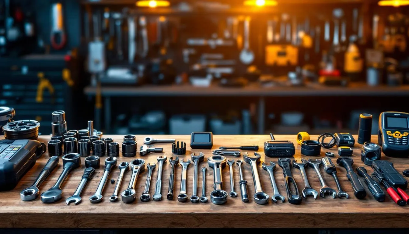 Essential tools for Jeep JK maintenance laid out on workbench including socket set and torque wrench