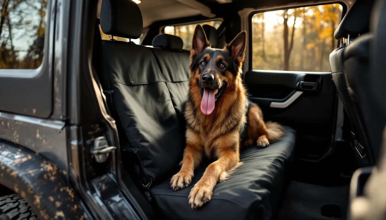 German Shepherd on waterproof seat cover installed in Jeep JK rear bench seat