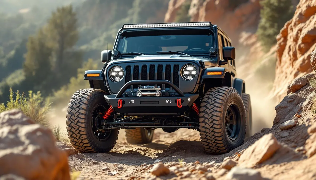 Jeep Wrangler JK with minimalist tube bumper on rocky trail during daytime