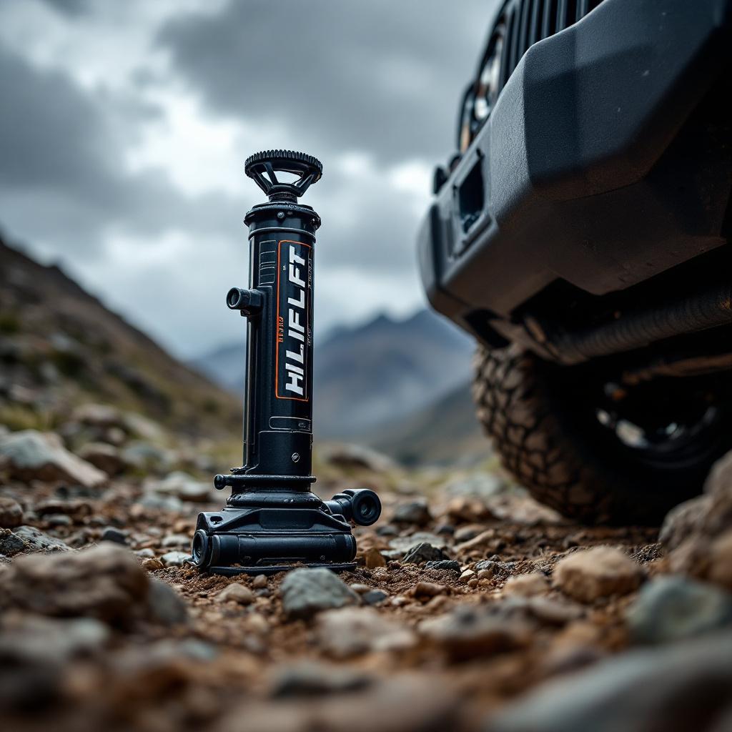 Hi-Lift jack positioned on Jeep Wrangler JK bumper on rocky mountain trail