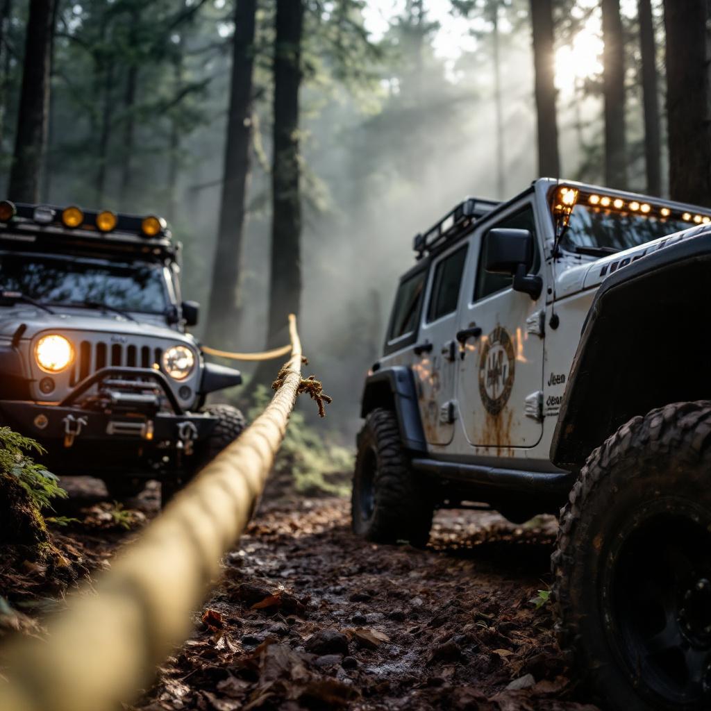Kinetic recovery rope stretched between two Jeep Wrangler JKs during trail recovery