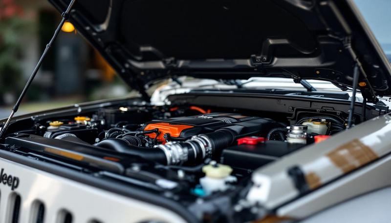 JK Wrangler onboard air compressor mounted in engine bay with air tank and wiring
