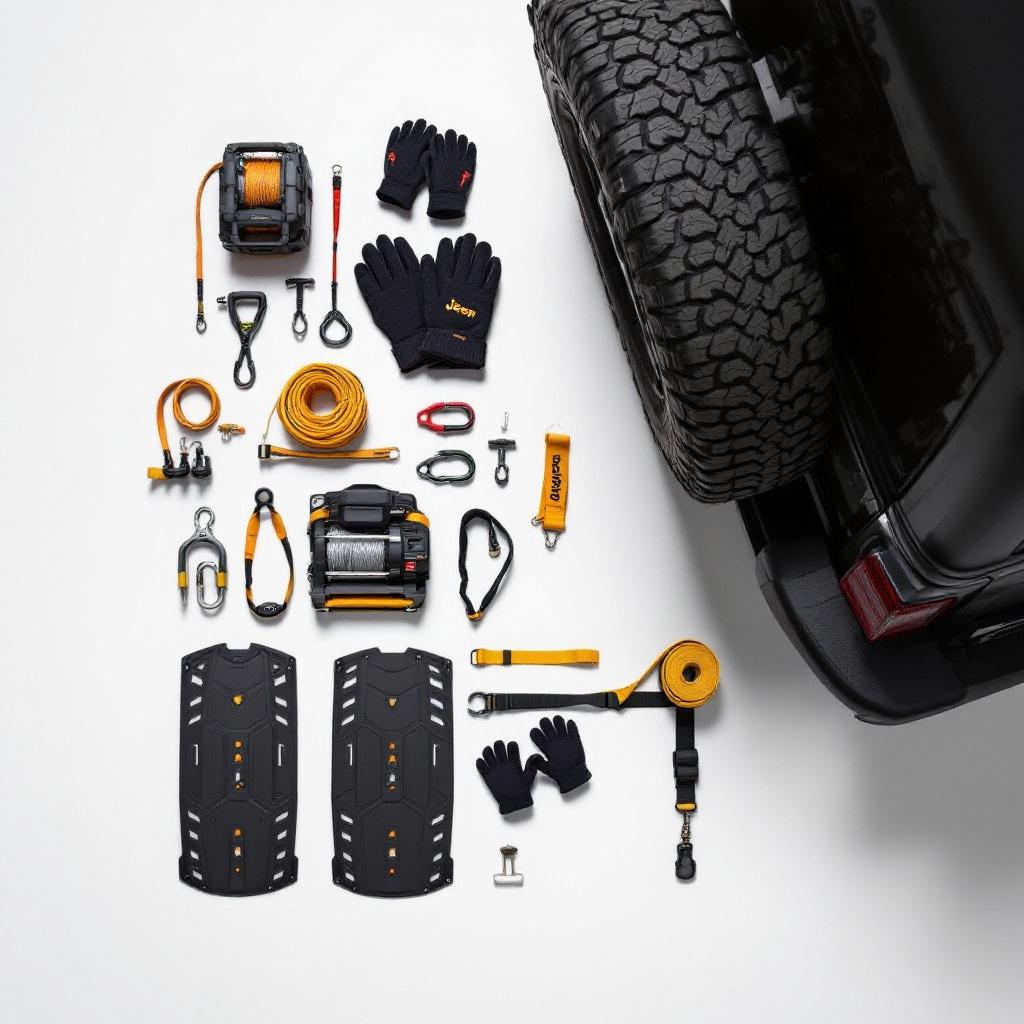 Complete recovery gear kit laid out including shackles, traction boards, and winch rope for Jeep JK