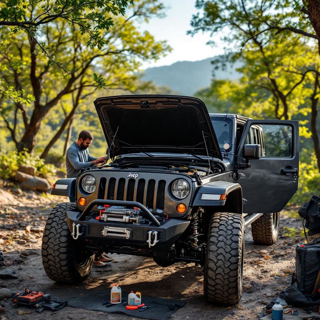 Jeep Wrangler JK parked at trailhead with hood open during spring trail preparation inspection