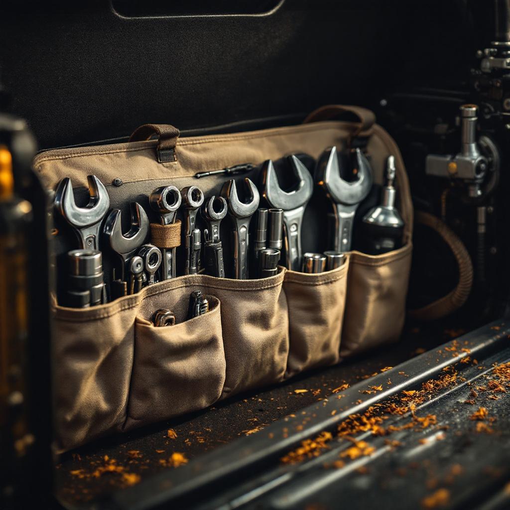 Compact off-road trail tool kit organized in roll-up bag on Jeep Wrangler JK cargo area