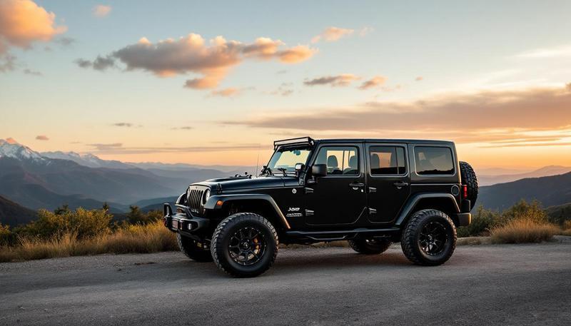 Jeep Wrangler JK lifted with suspension components visible on a rocky trail