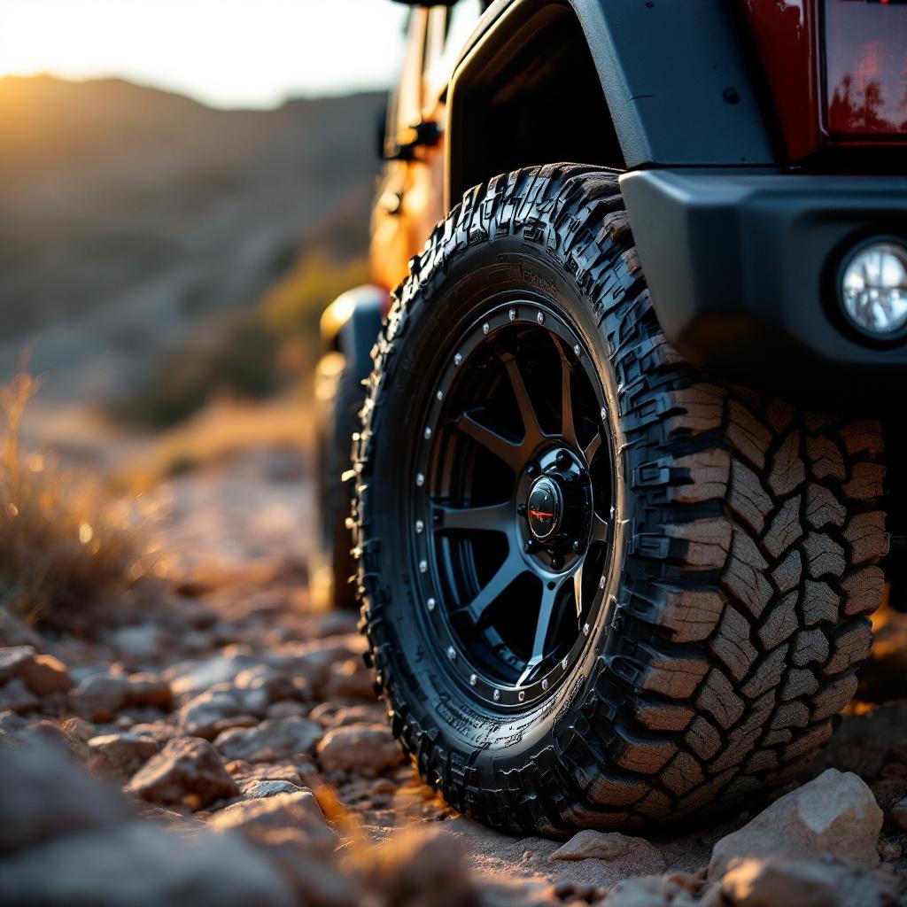 Jeep Wrangler JK wheel and tire setup showing proper fitment on a rocky trail
